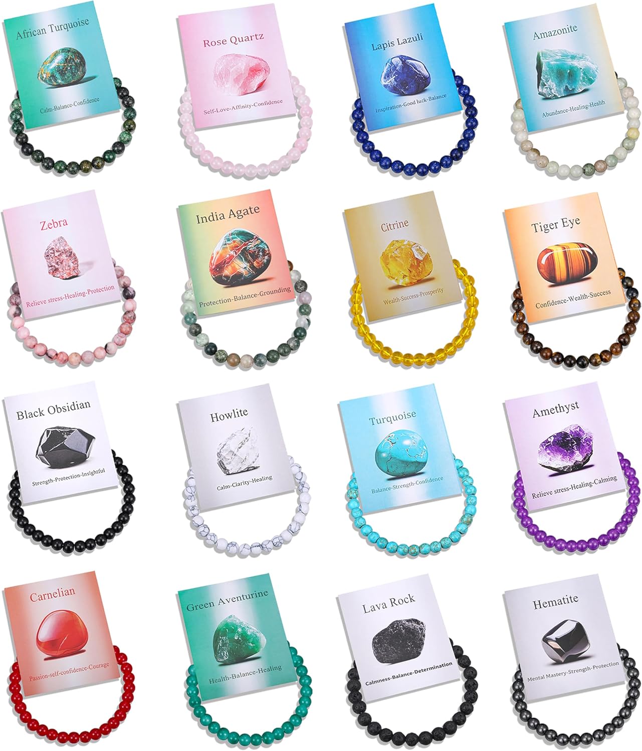 BROCC 16PCS Natural Healing Crystal Bracelets for Women Men,6mm Round Beads Gemstones Stretch Bracelet Jewelry, Healing Crystal Stone Bracelets Gifts Set