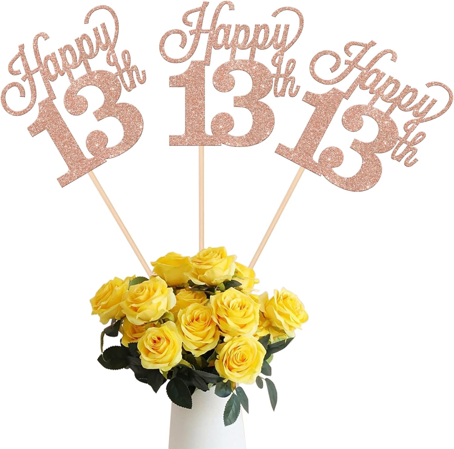 12 Pack Happy 13th Centerpiece Sticks Glitter Number 13 Thirteen 13th Birthday Table Flower Centerpiece Sticks for Cheers to 13 Years Old 13th Birthday Theme Party Supplies Rose Gold