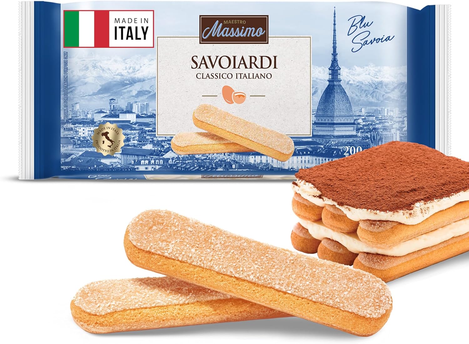 Maestro Massimo Savoiardi Original Italian Ladyfingers, 7.05 Oz, Product of Italy, Premium Lady Fingers Snack, Italian Cookies for Tiramisu Cake, Bakery Desserts & Pastries, (Pack of 1)