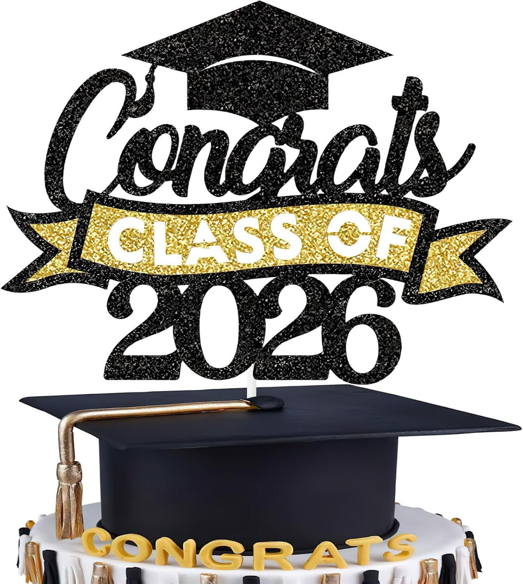 Gold and Black Congrats Grad Cake Topper, Graduation Cake Topper, Graduation Party Supplies, Graduation Decorations 2026