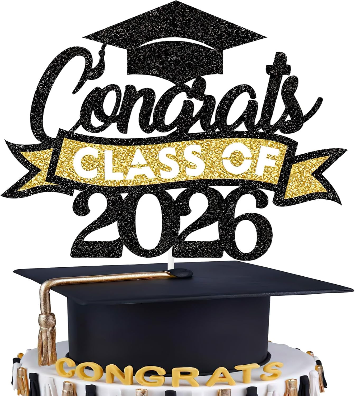 Gold and Black Congrats Grad Cake Topper, Graduation Cake Topper, Graduation Party Supplies, Graduation Decorations 2026