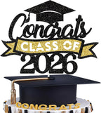 Graduation Cake Topper Class of 2026, Gold and Black Congrats Grad Cake Topper Glitter Graduation Cake Decorations 2026 Graduation Party Supplies for High School College Graduate Party