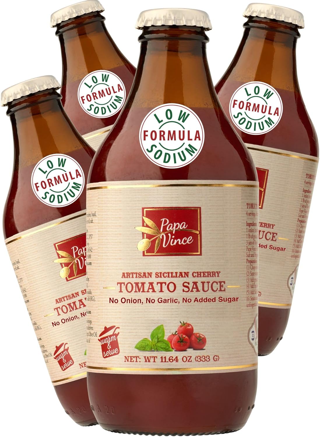 Papa Vince Low Sodium Cherry Tomato Sauce - Made in Italy, 50 mg Sodium per serving, 4-pack, 333g each Glass Jar