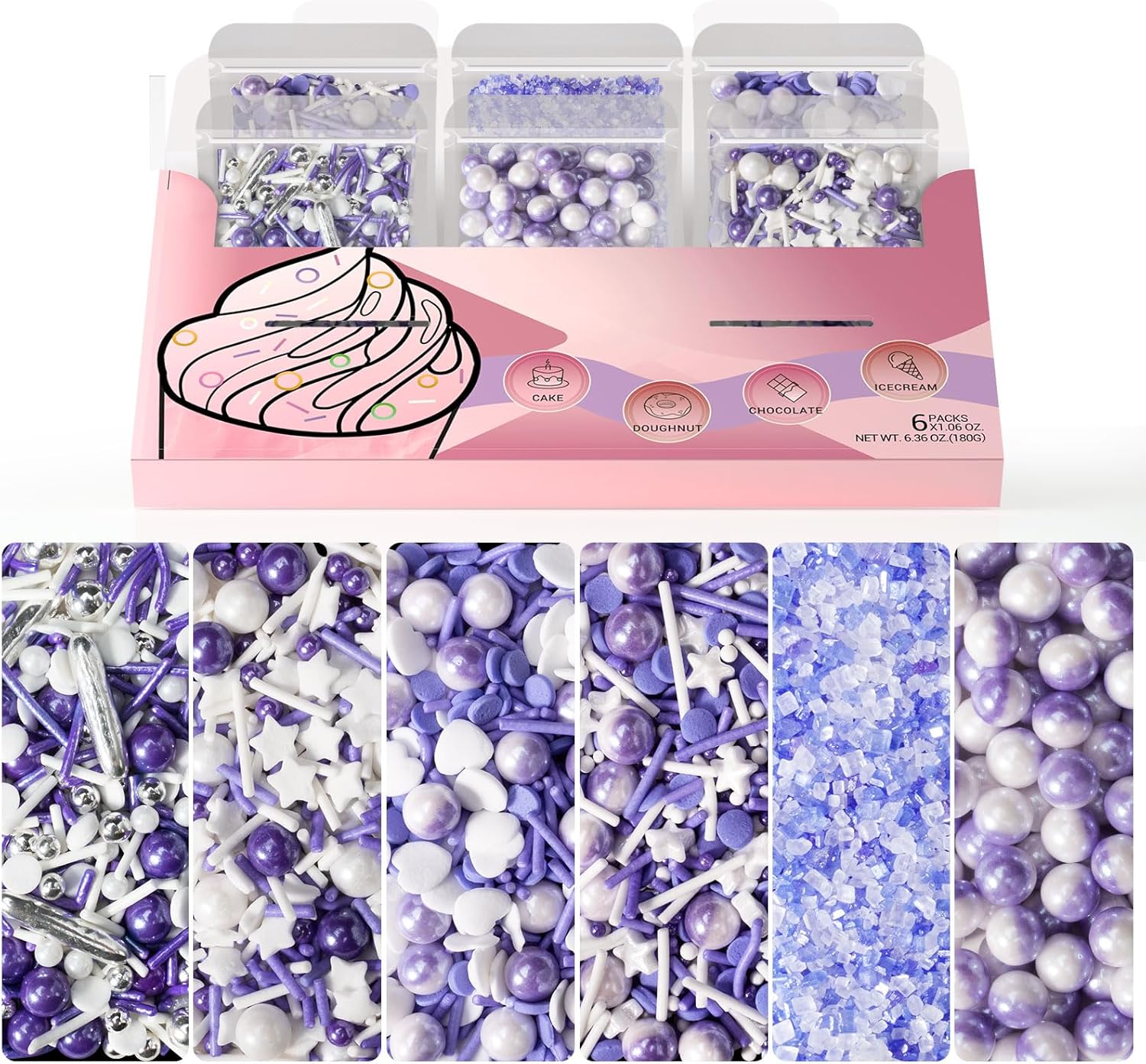 HUEBEATY® 6-in-1 Purple Sprinkles for Cake & Cupcake Decorating – 180g Edible Sanding Sugar & Pearl Sprinkles Mix for Birthday, Wedding, Unicorn & Mermaid Themes (Purple and Silver)