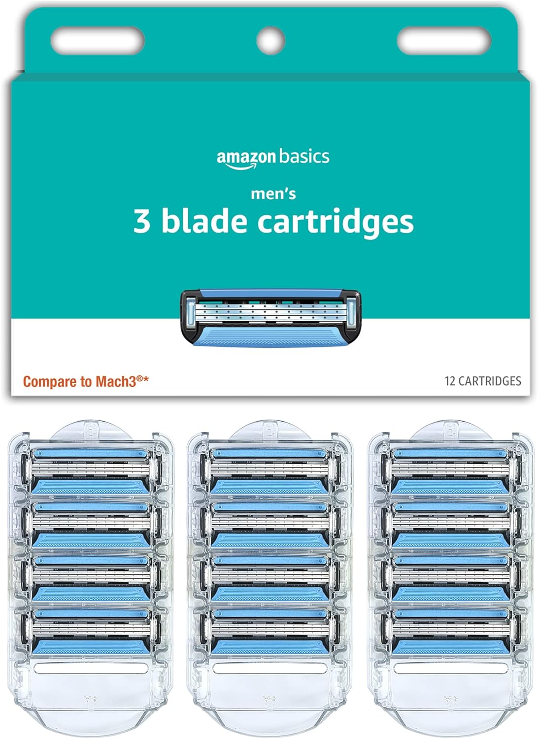 Amazon Basics 3-Blade Razor Refills for Men with Dual Lubrication, 12 Cartridges (Fits Amazon Basics Razor Handles only) (Previously Solimo)