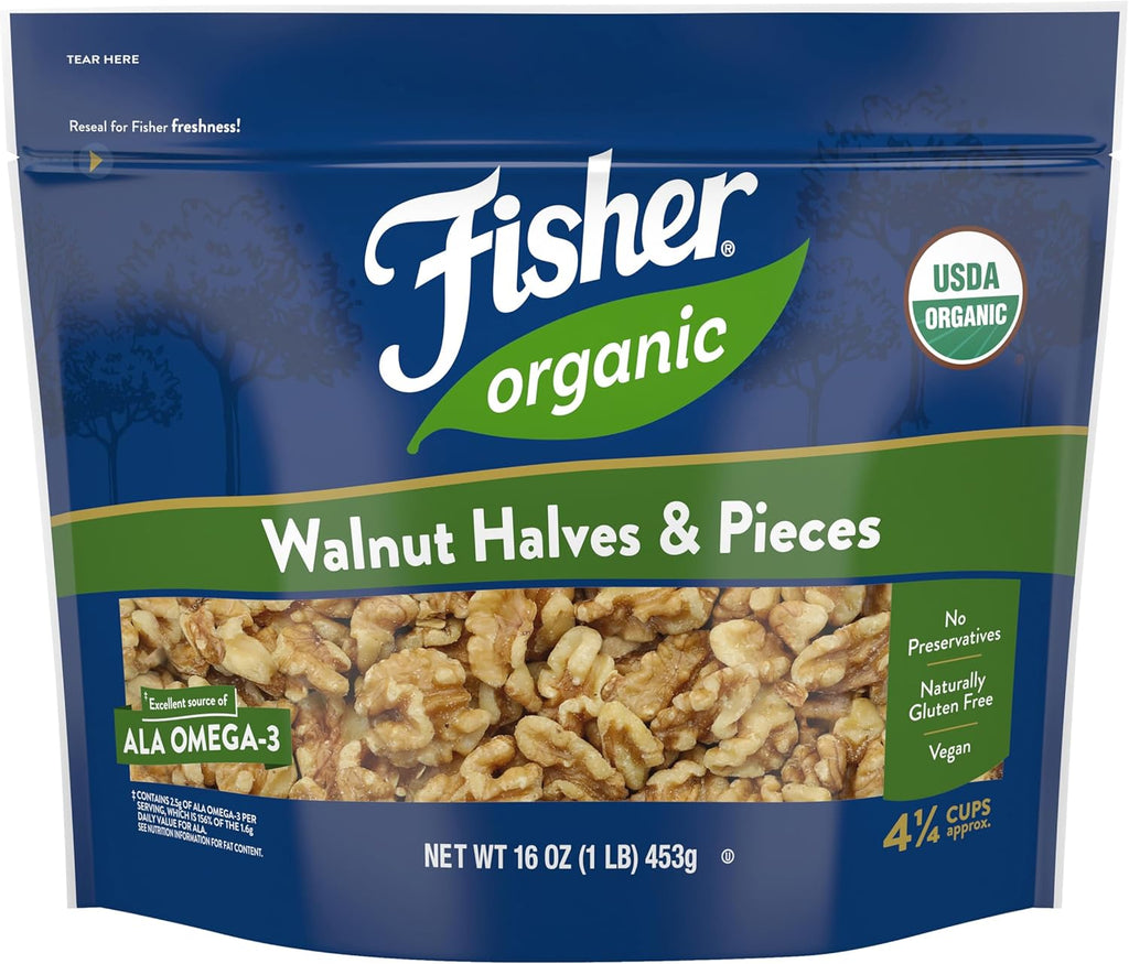 Fisher Organic Walnut Halves & Pieces 16 oz, USDA Certified Organic Nuts, Unsalted California Grown, Non-GMO, No Preservatives, Walnuts for Baking & Cooking, Healthy Snacks for Adults, Resealable Bag