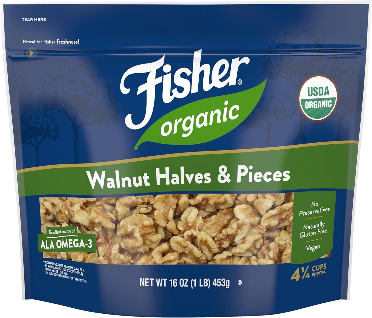 Fisher Organic Walnut Halves & Pieces 16 oz, USDA Certified Organic Nuts, Unsalted California Grown, Non-GMO, No Preservatives, Walnuts for Baking & Cooking, Healthy Snacks for Adults, Resealable Bag