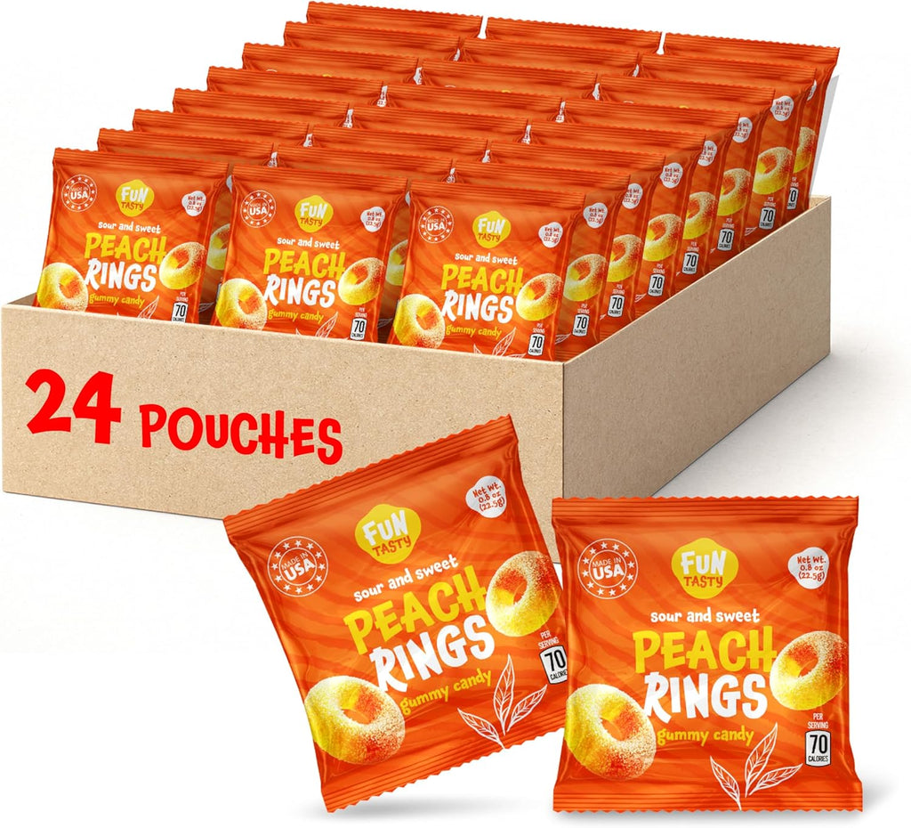 Peach Rings - 24 Packs - Peach Gummy Candies Individually Wrapped - Sweet and Sour Candy for Classroom, Snacking, Gifting, and Goodie Bags - Soft Gummy Rings