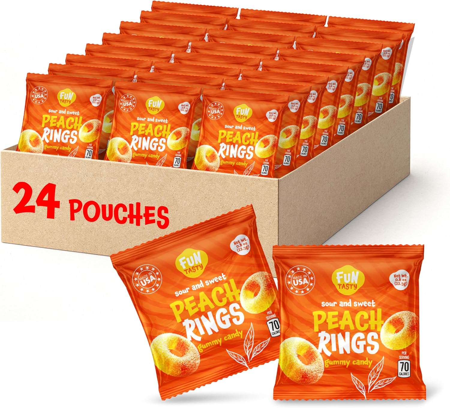Peach Rings - 24 Packs - Peach Gummy Candies Individually Wrapped - Sweet and Sour Candy for Classroom, Snacking, Gifting, and Goodie Bags - Soft Gummy Rings