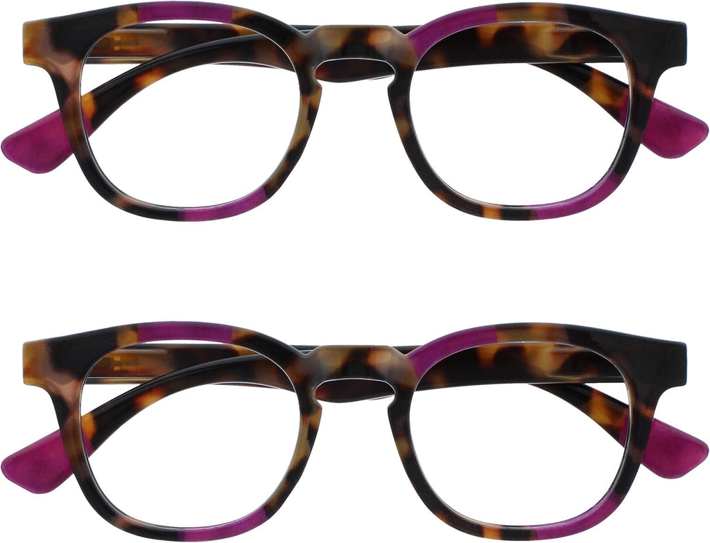 OPULIZE AVA Reading glasses for Women Men,Scratch Resistant Round frame with Spring Hinges, Brown Tortoiseshell with Purple +2.5 (Pack of 2)