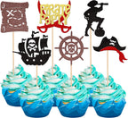 24 PCS Pirate Cupcake Toppers Glitter Rudder Nautical Sailing Cupcake Picks Treasure Map Pirate Captain Skull Cap Cake Decorations for Pirate Theme Baby Shower Kids Birthday Party Supplies