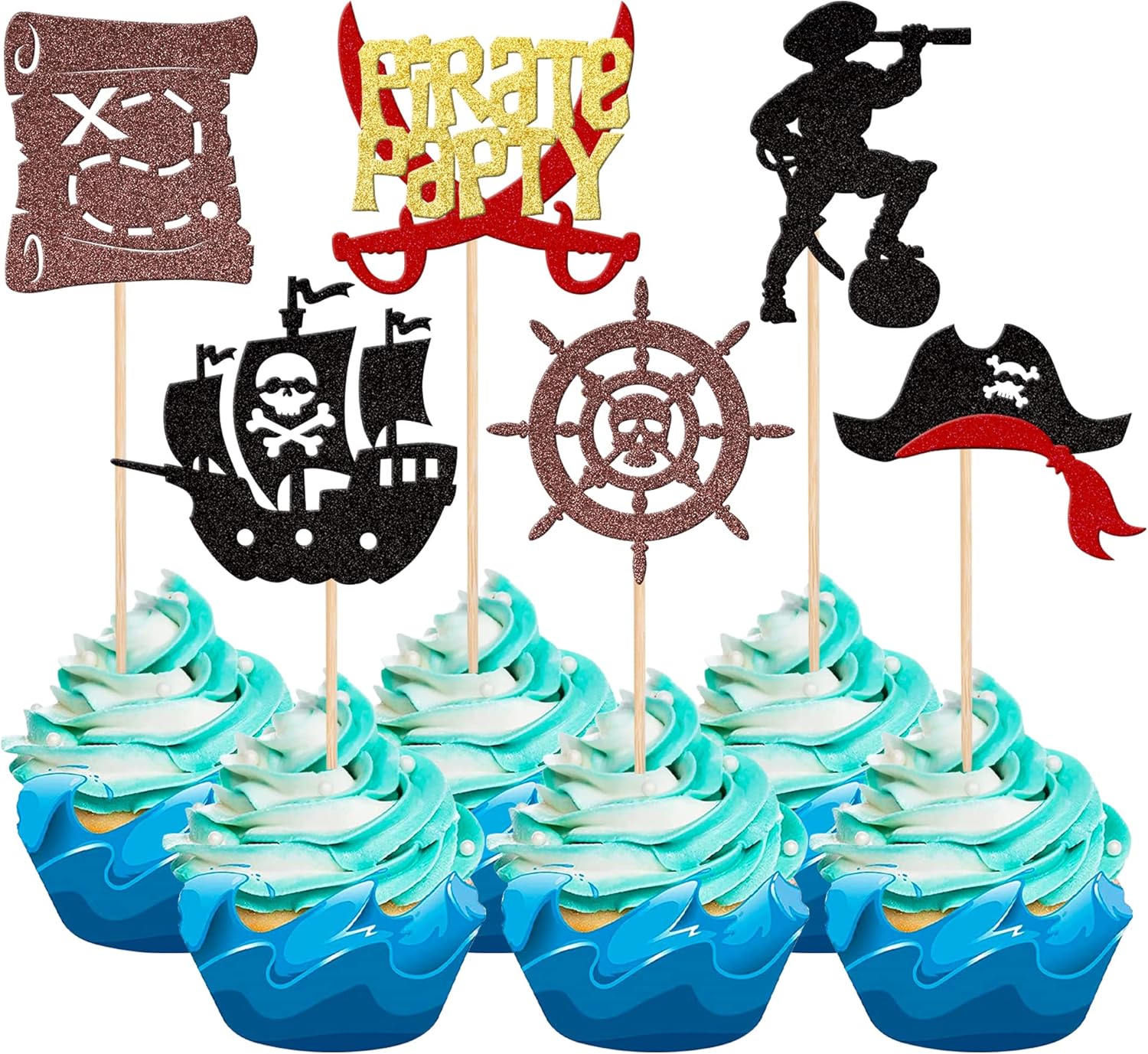 24 PCS Pirate Cupcake Toppers Glitter Rudder Nautical Sailing Cupcake Picks Treasure Map Pirate Captain Skull Cap Cake Decorations for Pirate Theme Baby Shower Kids Birthday Party Supplies