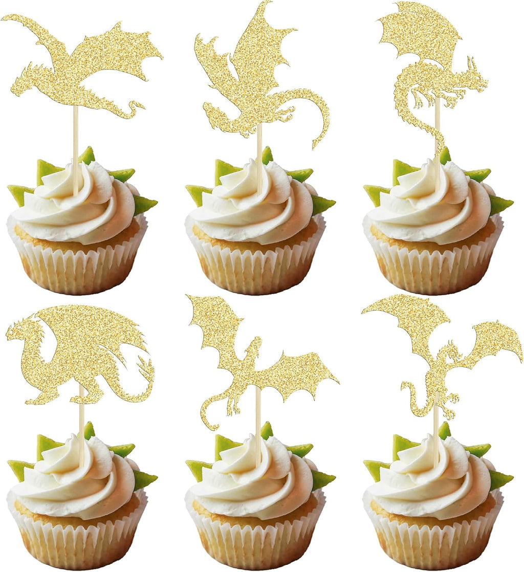 24Pcs Dragon Cupcake Toppers Glitter Fantasy Cool Dinosaur Birthday Cupcake Picks for Medieval Dragon Theme Baby Shower Kids Birthday Party Cake Decorations Supplies Gold