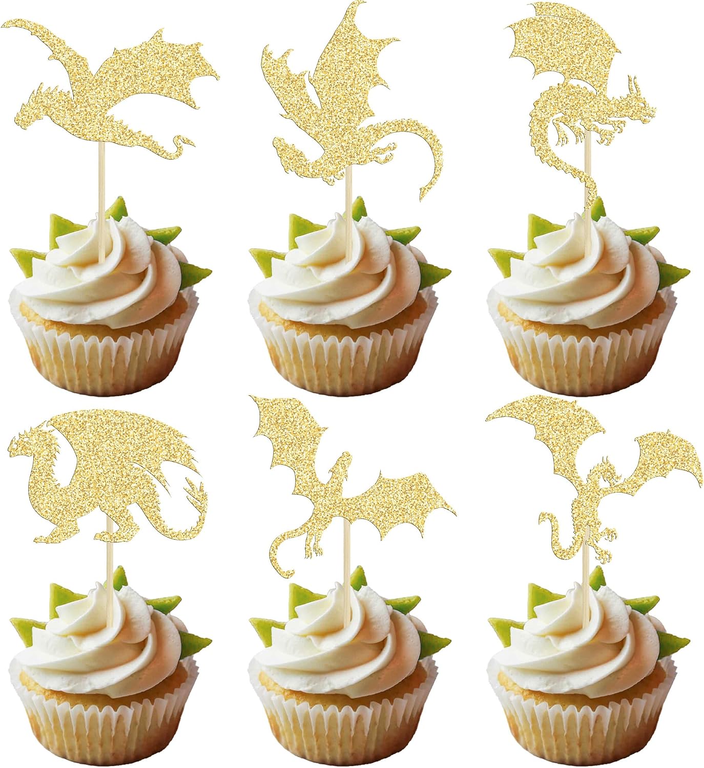 24Pcs Dragon Cupcake Toppers Glitter Fantasy Cool Dinosaur Birthday Cupcake Picks for Medieval Dragon Theme Baby Shower Kids Birthday Party Cake Decorations Supplies Gold
