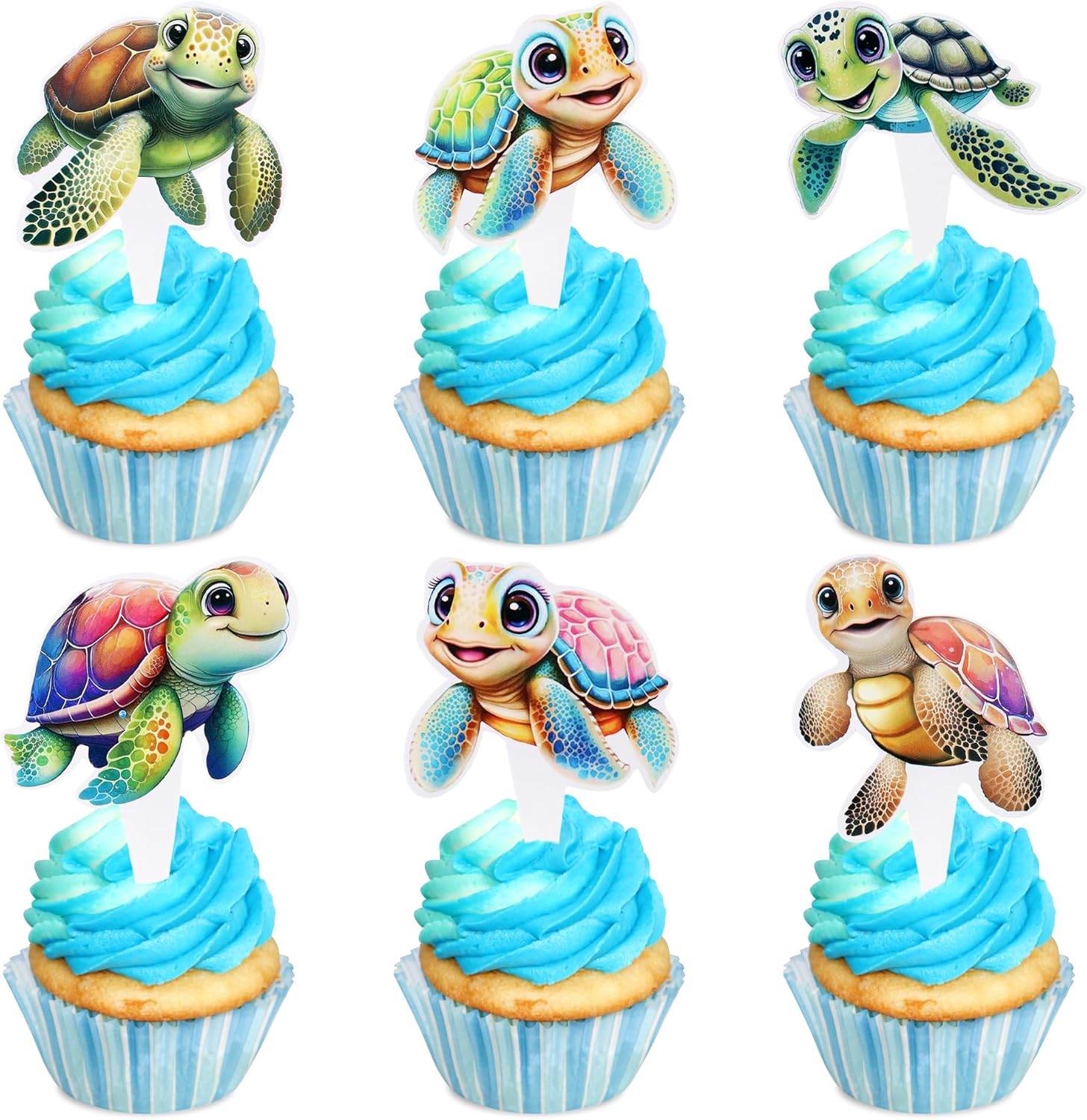 Ercadio 30 PCS Double Sided Turtles Cupcake Toppers for Happy Birthday Party Cake Sea Animals Baby Shower Party Picks for Sea Animals Theme Kids Birthday Party Cake Decoration