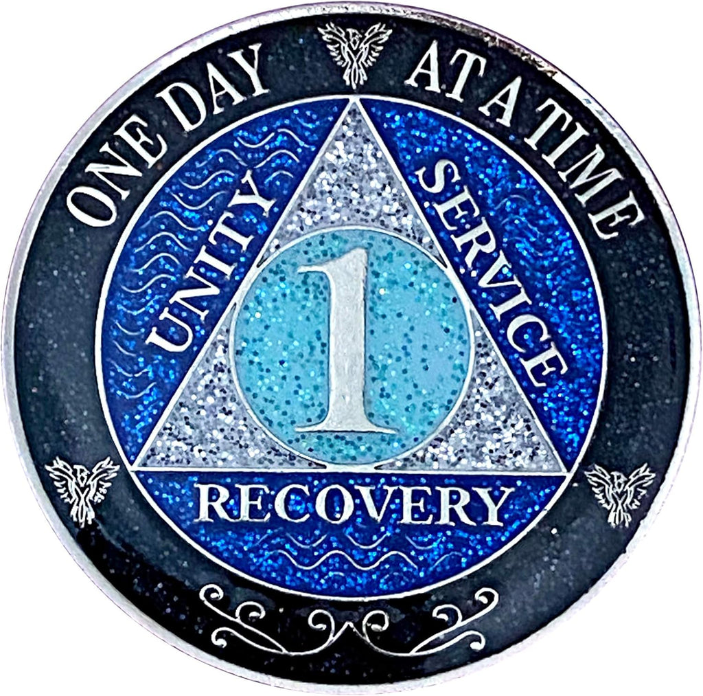 (Years 1-50) 1 Year AA Recovery Silver Color Plated Glitter Medallion, Black Rainbow, Blue, Silver Glitter Coin, Epoxy Covered (AA 1 year Glitter Medallion)