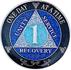 (Years 1-50) 1 Year AA Recovery Silver Color Plated Glitter Medallion, Black Rainbow, Blue, Silver Glitter Coin, Epoxy Covered (AA 1 year Glitter Medallion)