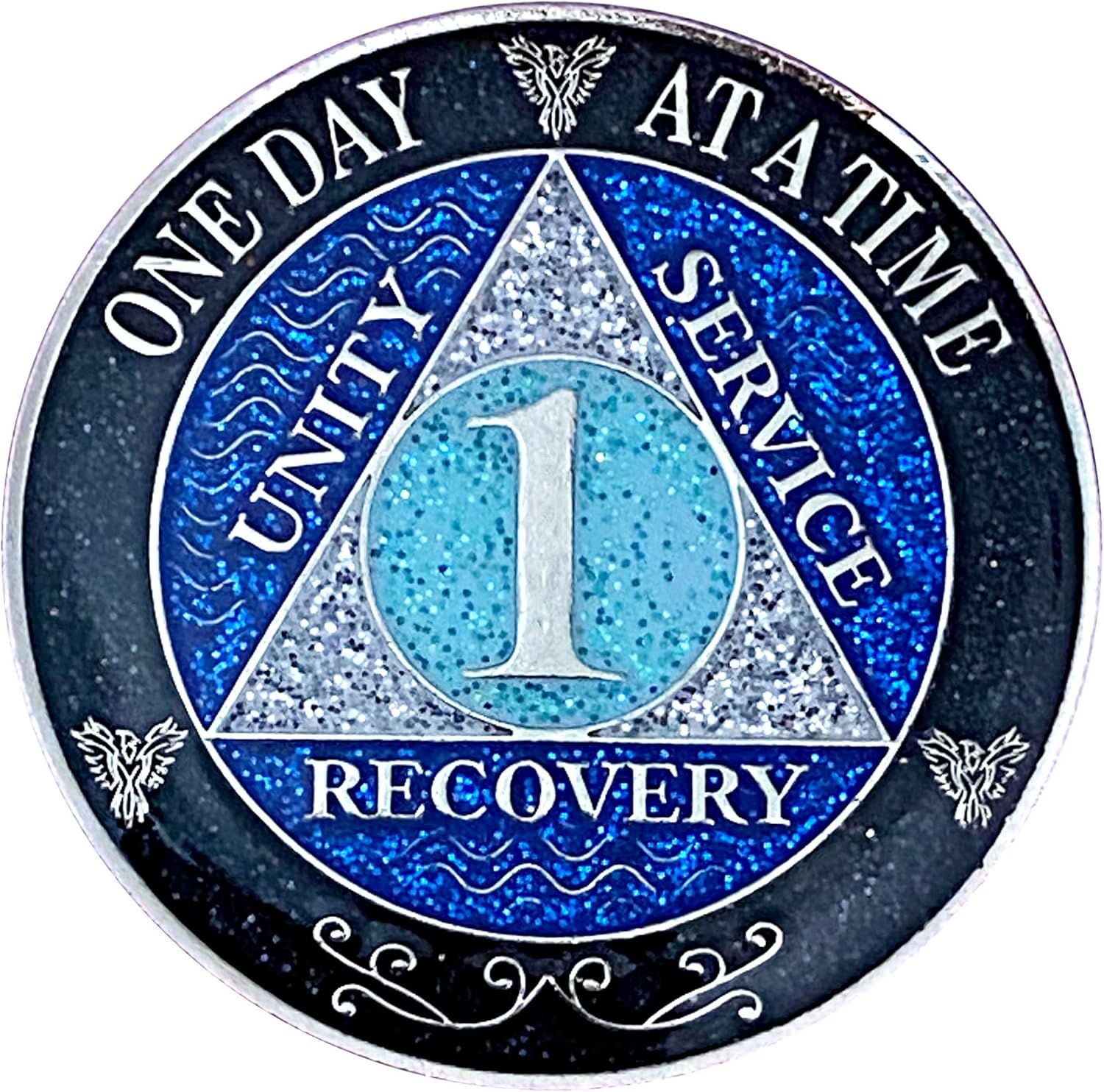 (Years 1-50) 1 Year AA Recovery Silver Color Plated Glitter Medallion, Black Rainbow, Blue, Silver Glitter Coin, Epoxy Covered (AA 1 year Glitter Medallion)