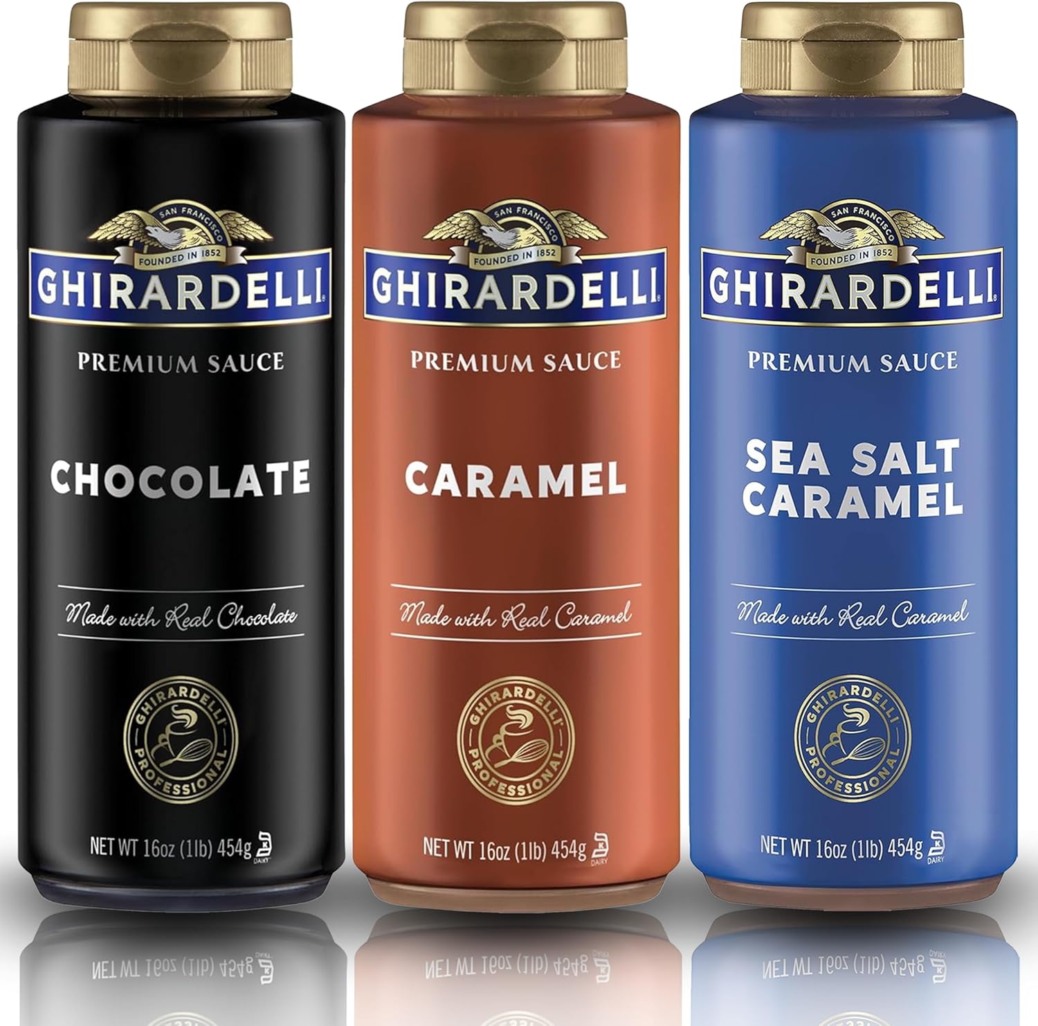 Ghirardelli Flavored Sauce Variety Pack | 16 oz Bottles (Pack of 3) | Chocolate, Caramel, and Sea Salt Caramel Dessert Toppings for Coffee, Ice Cream, and Baking Recipes