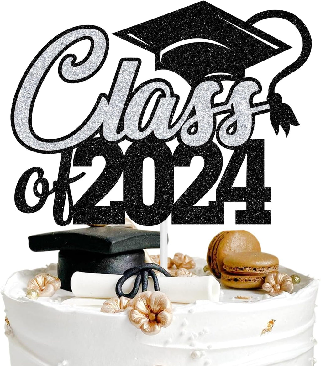 Aeryourtar Class of 2024 Cake Topper, Congrats Grad 2024 Graduation Cake Decor, High School/College Graduate Celebration Party Decoration Supplies, Black and Silver Glitter