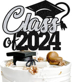 Aeryourtar Class of 2024 Cake Topper, Congrats Grad 2024 Graduation Cake Decor, High School/College Graduate Celebration Party Decoration Supplies, Black and Silver Glitter