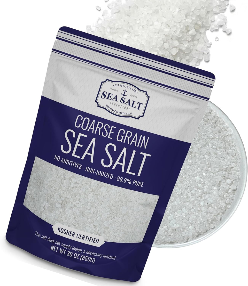 Sea Salt Superstore Coarse Sea for Grinder Refill, Coarse Grain Kosher, Non-Iodized for Cooking, Mineral-Rich Unrefined Baja Salt, 30 oz Bag