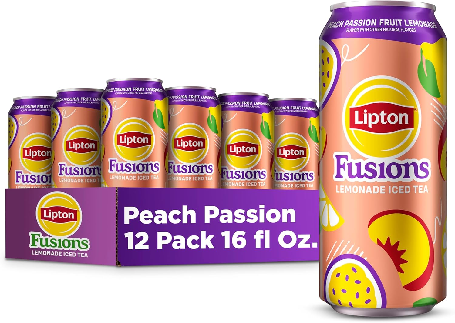 Lipton Fusions, Peach Passion Fruit Lemonade Iced Tea, 16 Fl Oz Cans (Pack of 12)