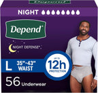 Depend Night Defense Adult Diapers, Incontinence Underwear for Men, Disposable, Overnight, Large, Grey, 56 Count (4 Packs of 14), Packaging May Vary