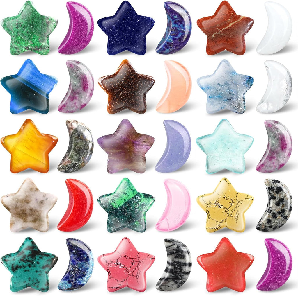 Nuenen 30 Pcs Worry Stones Bulks Moon Star Shaped Crystals Gemstone Star Bulks Palm Moon Hand Carved Thumb Stones for Witchcraft Supplies Valentines Gift DIY Meditation Balancing(Elegant Colors)