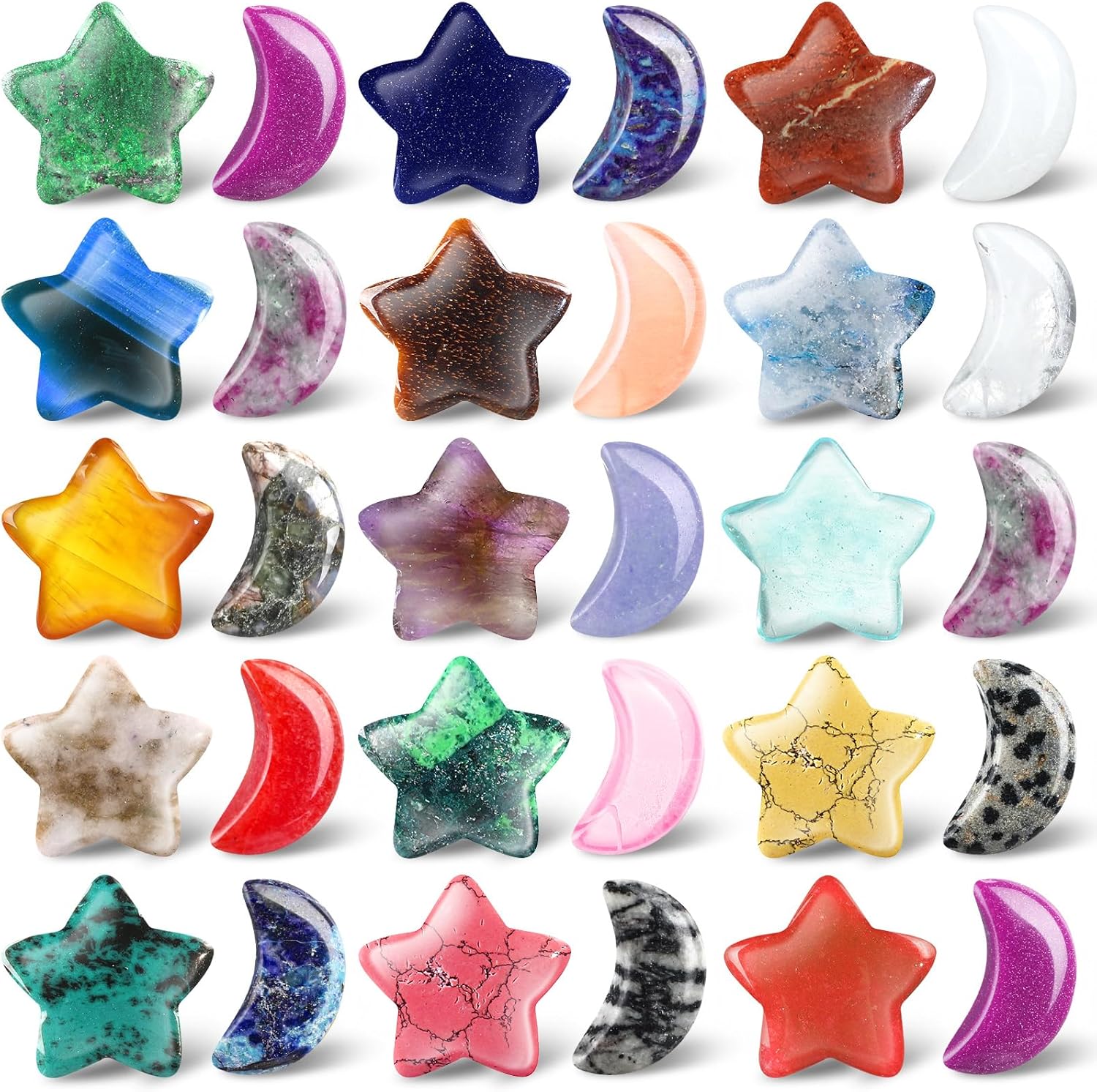 Nuenen 30 Pcs Worry Stones Bulks Moon Star Shaped Crystals Gemstone Star Bulks Palm Moon Hand Carved Thumb Stones for Witchcraft Supplies Valentines Gift DIY Meditation Balancing(Elegant Colors)