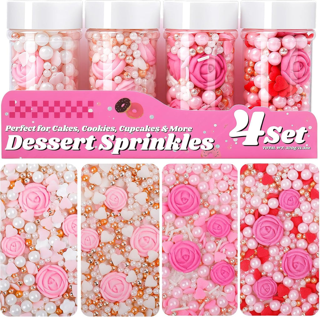 Spring Flower Sprinkles for Cake Decorating, 11.3oz Edible Red White Pink Sprinkles Mixed Pearls Heart Rose, 4 Jars Set Sugar Sprinkles for Valentines & Mothers Day Baking Cupcake Cookie