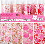 Spring Flower Sprinkles for Cake Decorating, 11.3oz Edible Red White Pink Sprinkles Mixed Pearls Heart Rose, 4 Jars Set Sugar Sprinkles for Valentines & Mothers Day Baking Cupcake Cookie