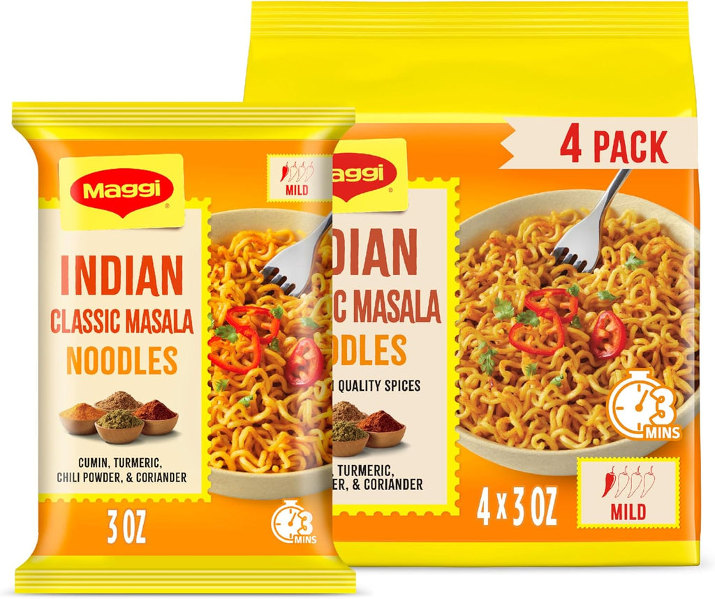 Maggi Classic Indian Masala Noodles, 3 min Indian Noodles, Mildly Spicy, Vegetarian, Halal, Kosher, 4 Pack
