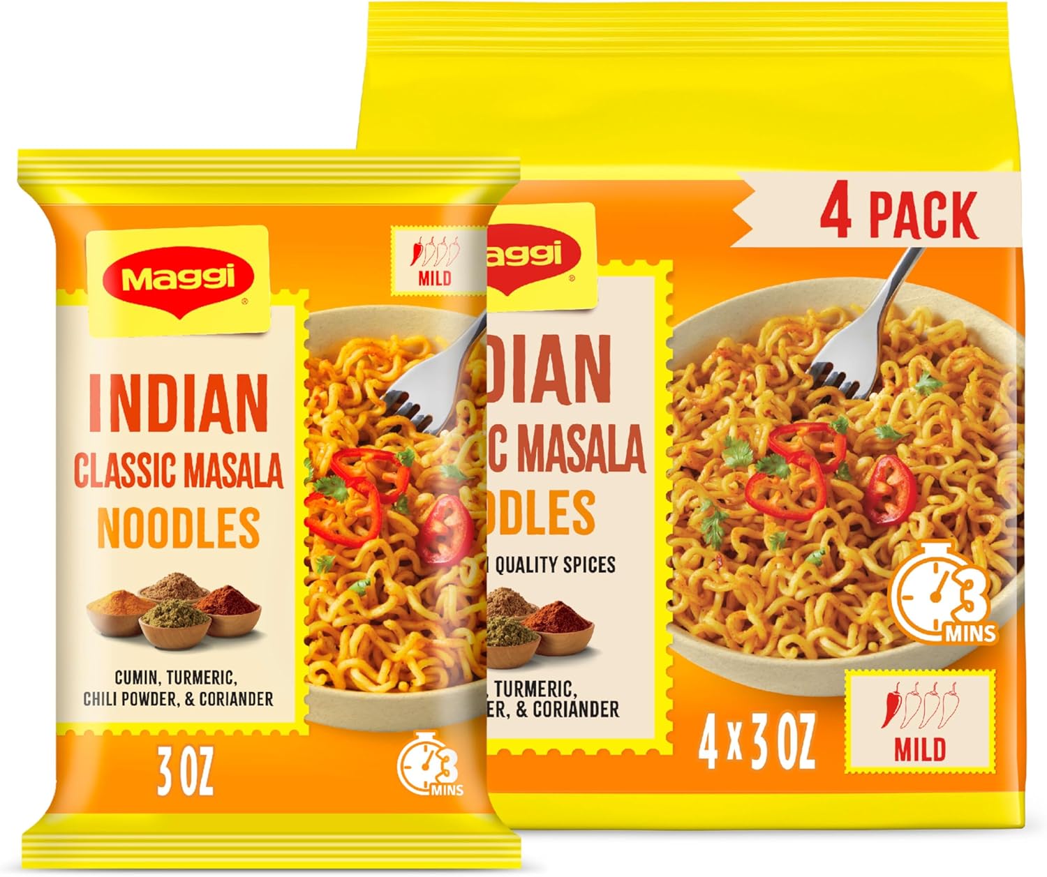 Maggi Classic Indian Masala Noodles, 3 min Indian Noodles, Mildly Spicy, Vegetarian, Halal, Kosher, 4 Pack
