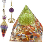 SUNYIK Orgone Pyramid & Orgone Pendulum Set, Tree of Life Orgonite Energy Generator & Orgone Crystal Points Pendulum for Divination Meditation Chakra Balancing, Rainbow & 7 Chakra