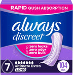 Always Discreet Adult Incontinence Pads for Women, Drier, 7 Drop Long Length, Ultra Absorbency, Pads for Bladder Control Management, Bladder Leaks, Overnight & Postpartum Pads, 104ct