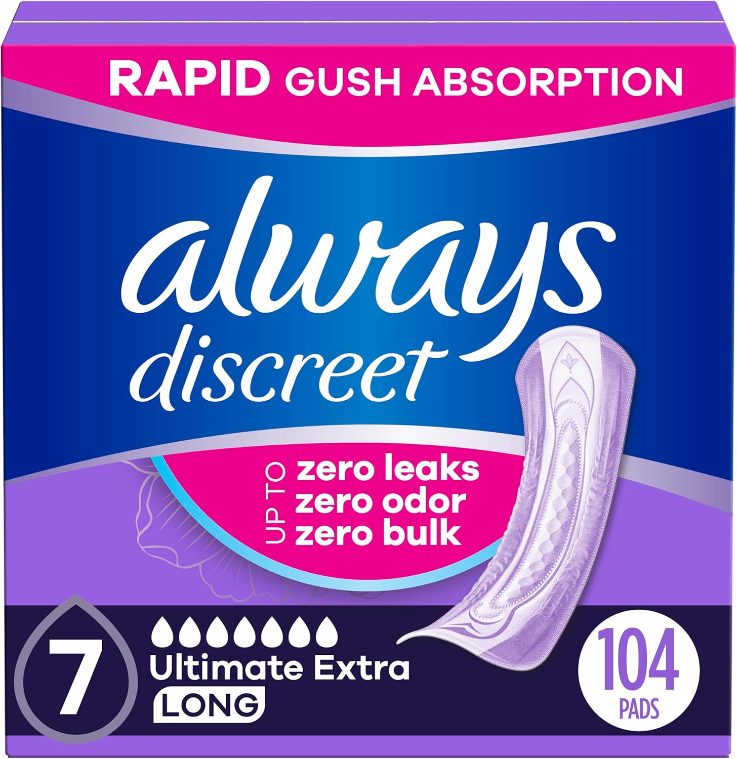 Always Discreet Adult Incontinence Pads for Women, Drier, 7 Drop Long Length, Ultra Absorbency, Pads for Bladder Control Management, Bladder Leaks, Overnight & Postpartum Pads, 104ct