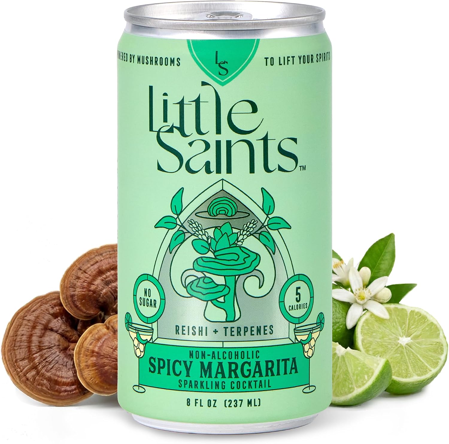 Little Saints Non-Alcoholic Spicy Margarita Mocktail | Bold Citrus & Slow Burn | Crafted with Reishi Mushroom & Adaptogens for Calm & Ease | 5 Calories | Sugar Free, 12-Pack 8oz Cans