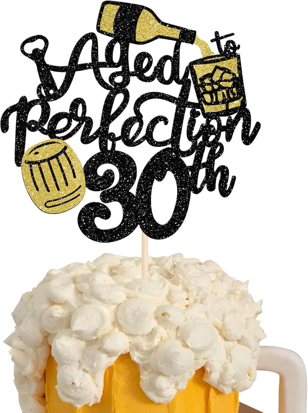 Rsstarxi 1 Pack Aged to Perfection 30th Birthday Cake Topper Glitter Wine 30th Birthday Cake Decoration Cheers to 30th Years Cake Pick for Whisky Theme Husband 30th Birthday Party Decorations