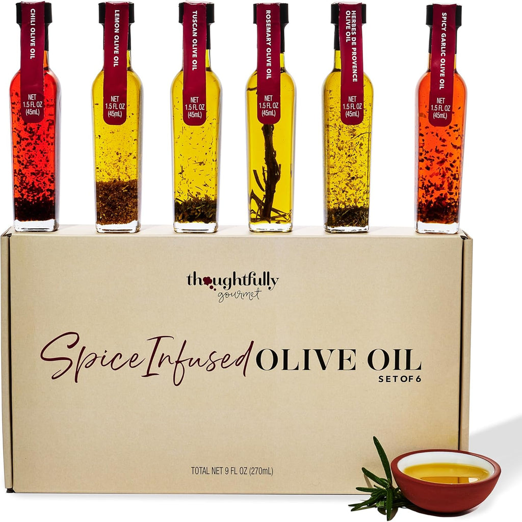 Thoughtfully Gourmet, Spice Infused Olive Oil Gift Set, Premium Extra-Virgin Olive Oil from Spain, Flavors Include Chili, Rosemary, Lemon, Spicy Garlic, Herbes de Provence and Tuscan, Set of 6