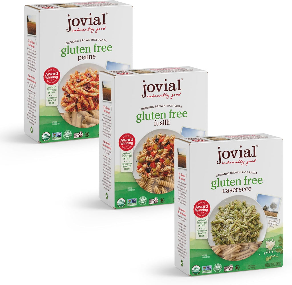 Jovial Whole Grain Brown Rice Pasta Variety Pack (Rigate, Fusilli, Caserecce) - Whole Grain Pasta, Organic Pasta, Gluten Free, Dairy Free, Brown Rice Pasta, Made in Italy - 12 Oz, 3 Pack