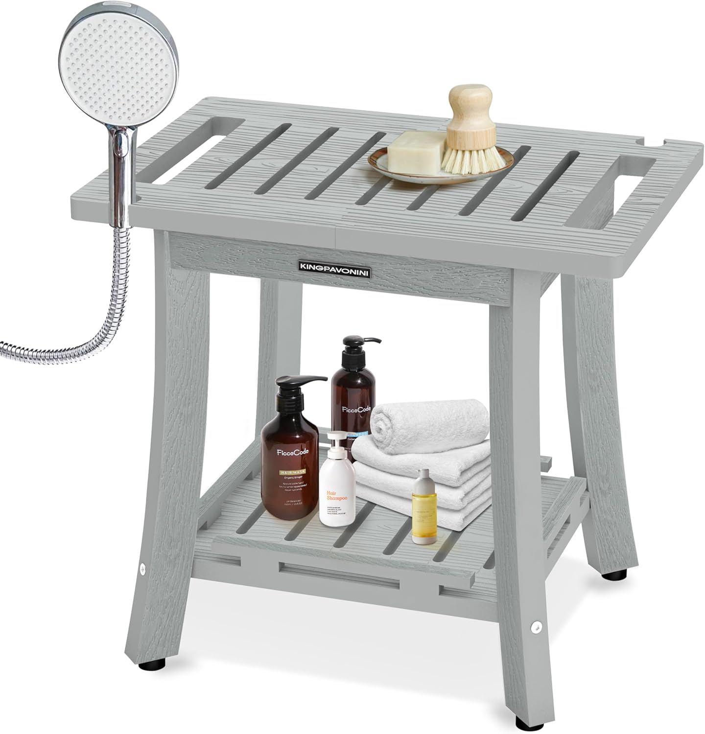 KingPavonini HDPS Shower Benches for Inside Shower to Sit on, Waterproof Shower Stool for Shaving Legs, Heavy Duty 400LBS Shower Seat with Storage Shelf, Shower Chair for Bathroom/Indoor/Outdoor Use