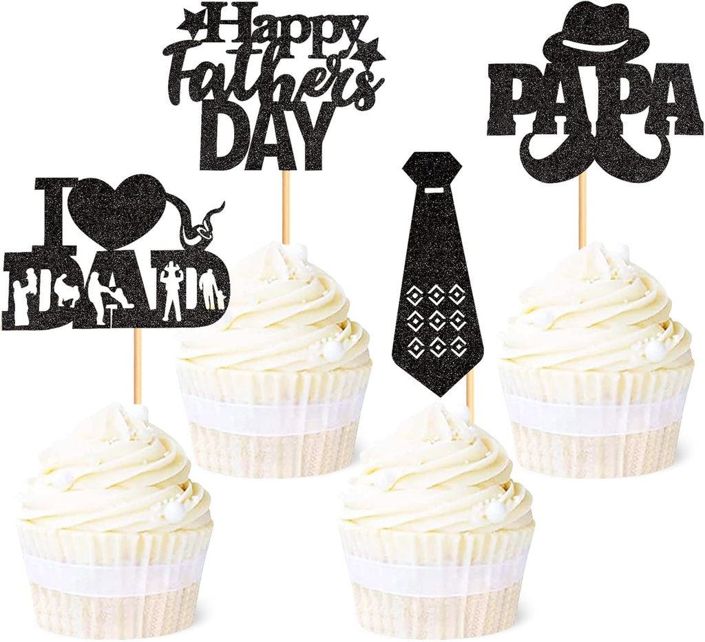 Ercadio 24Pcs Glitter Black Happy Father’s Day Cupcake Toppers I Love Dad Cupcake Picks Moustache Hat Papa Cupcake Decors for Dad Birthday Office Father’s Day Party Supplies