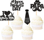 Ercadio 24Pcs Glitter Black Happy Father’s Day Cupcake Toppers I Love Dad Cupcake Picks Moustache Hat Papa Cupcake Decors for Dad Birthday Office Father’s Day Party Supplies