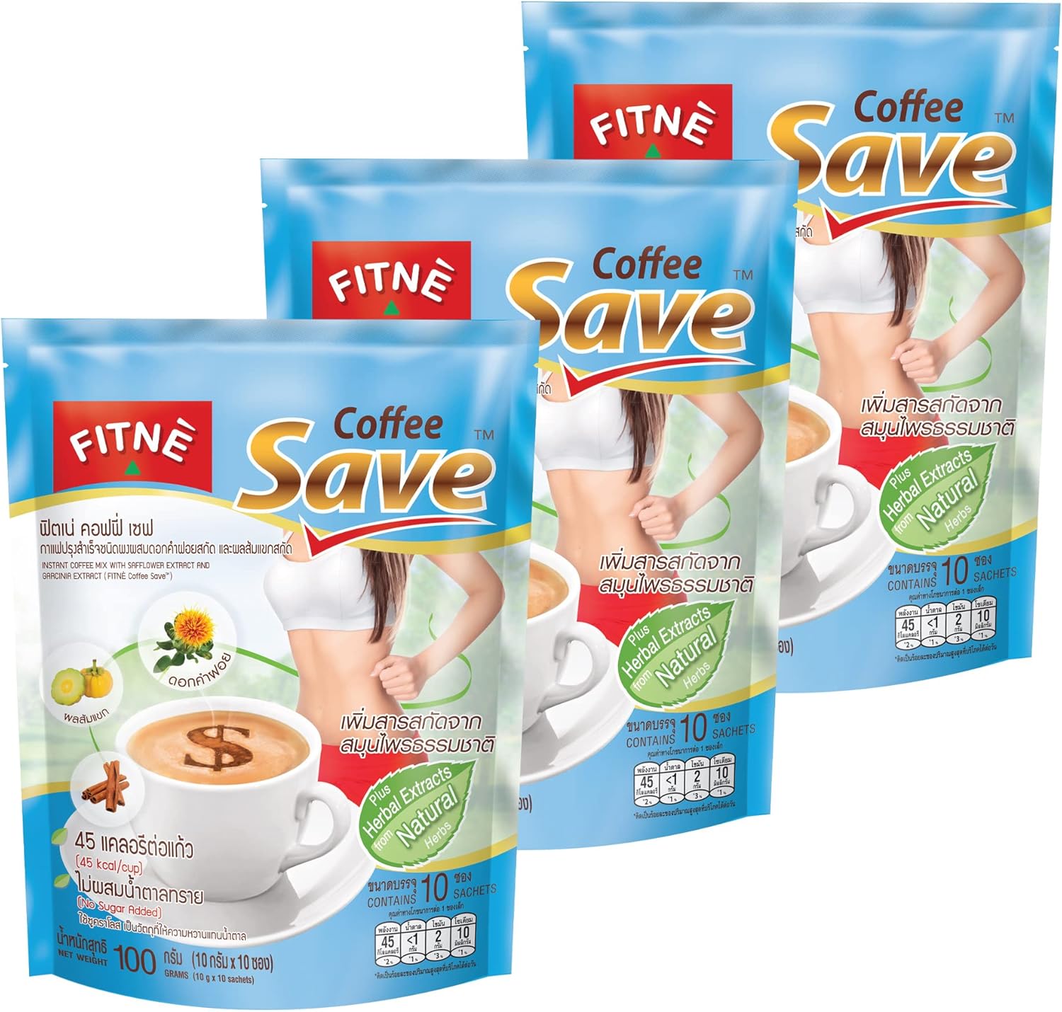 FITNE Instant 3 In 1 Coffee Packets Mix With Herbs Cinnamon Garcinia Safflower Spice Latte Smooth Blend No Sugar Sucralose Sweetener, 30 Sachets