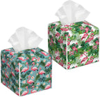 Tropical Palm Leaf Flamingo 2 Pcs Tissue Box Cover Square Leather Tissue Case Holder Facial Paper Organizer Decorative for Bathroom Kitchen Car Office Home Decor