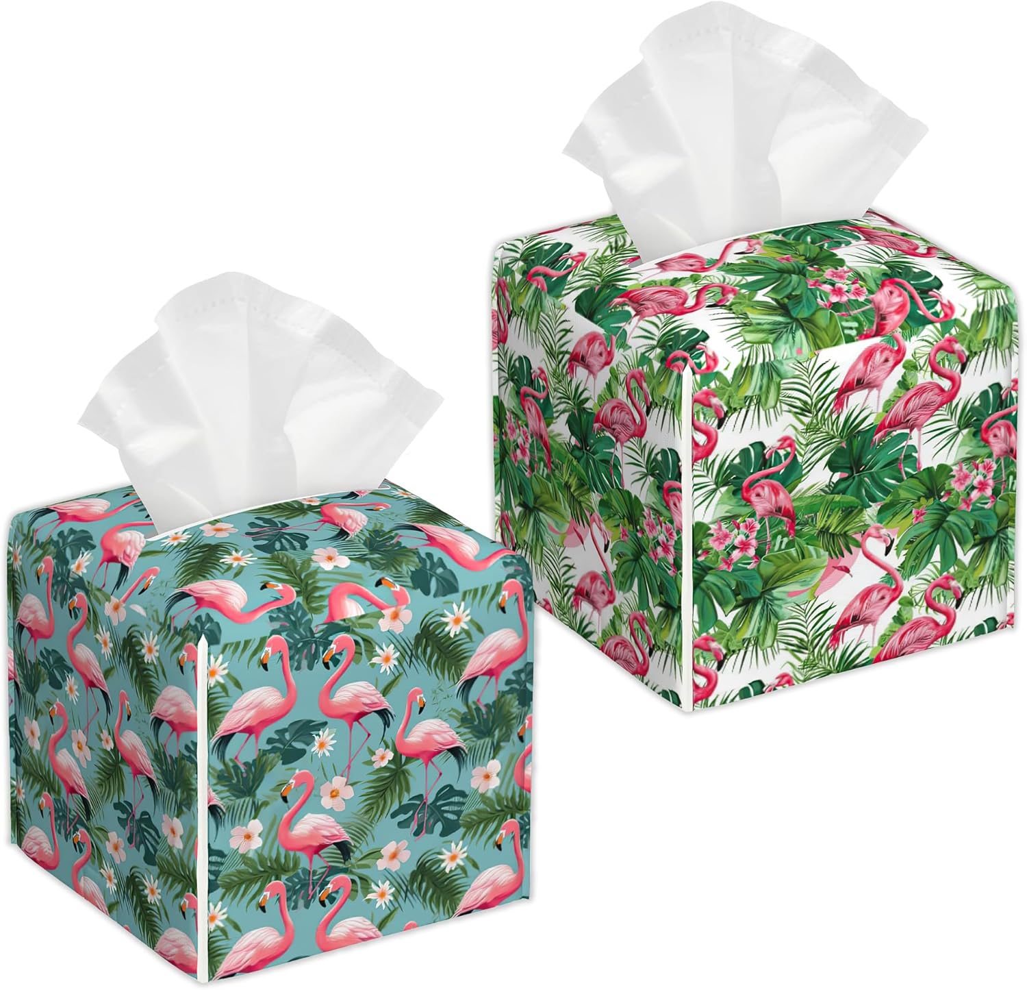 Tropical Palm Leaf Flamingo 2 Pcs Tissue Box Cover Square Leather Tissue Case Holder Facial Paper Organizer Decorative for Bathroom Kitchen Car Office Home Decor