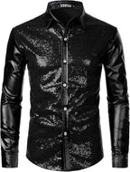 ZEROYAA Men's Shiny Metallic Sequin Long Sleeve Button Down Shirts for Halloween Cosplay Party