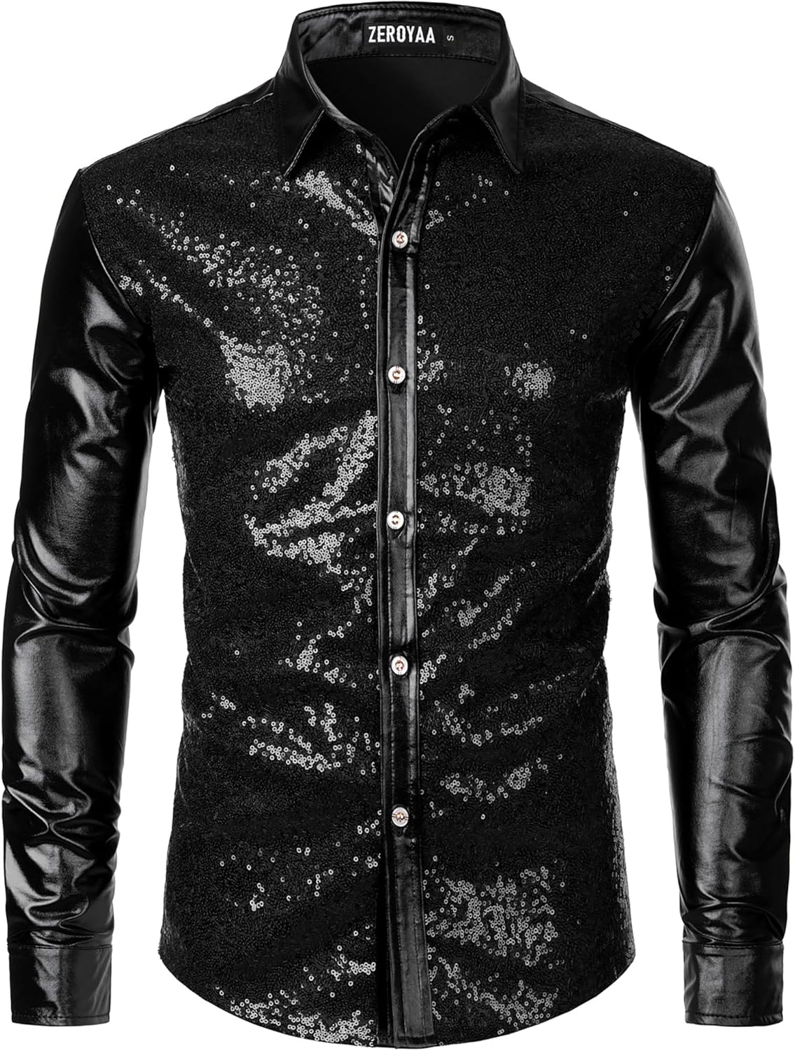 ZEROYAA Men's Shiny Metallic Sequin Long Sleeve Button Down Shirts for Halloween Cosplay Party
