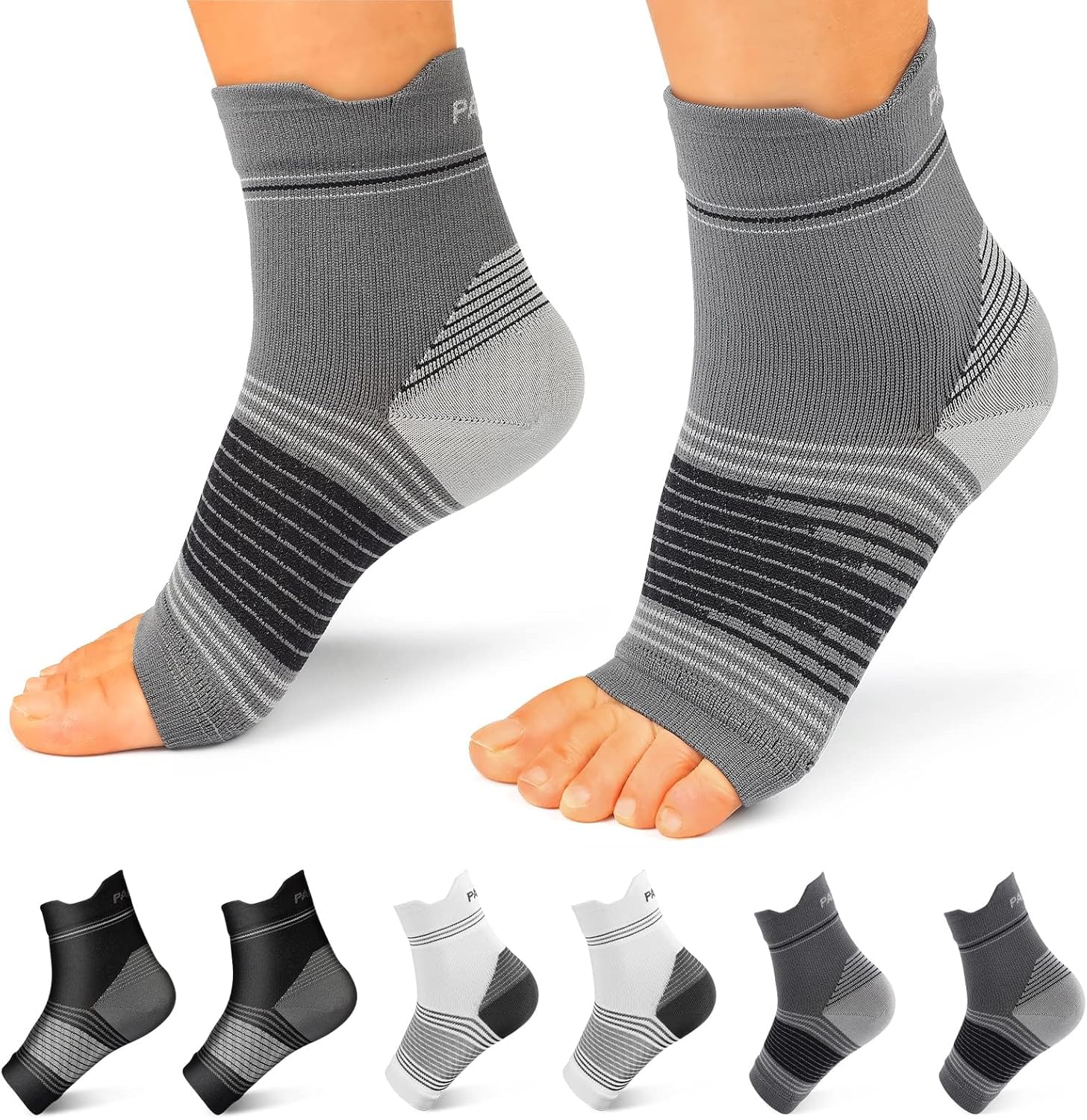 6 Pairs Plantar Fasciitis Socks for Men & Women, Ankle Brace Compression Socks with Arch Support for Achilles Tendonitis, Heel Pain, Swelling & Arthritis Relief, Black, Gray, White, Medium